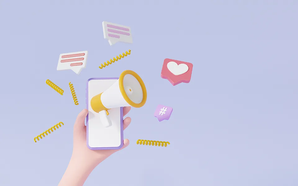 スマホからメガホンが飛び出て、そこからイイネのマークやコメントが吹き出している